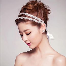 2015 Cheap Crystal Double Bridal Headbands Rhinestone Ribbon Wedding Headbands For Bride Beads Hair Jewellery Vintage Bridal Hair Ac2761