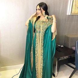 two Pieces Moroccan Caftan Satin Long Evening Dresses with cape gold Appliques Lace Muslim Prom Gowns Dubai Arabic Women Party Dre323o