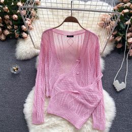 Women's Knits European Summer Long-sleeved Knitted Cardigan With Camisole Two-piece Short Sweaters Women Tops Fashion Streetwear 2023