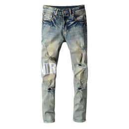 Brand Designer Letter Jeans Men White Black Rock Revival Trousers Biker Pants Man Pant Broken Hole Embroidery Size 28-40 Quality Top 565
