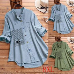 Women's Blouses Summer Plus Size Shirt 5XL 6XL 7XL Fashion Round Neck Long Sleeve Stitching Printing Color Button Casual Shirt.