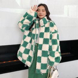 Women's Fur Winter Women Vintage Plaid Short Faux Coat Coffee Colour Green Black Casual Stand Collar Loose Warm Imitation Outwear