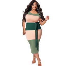 Plus size Dresses Elegant Big Beautiful Women Summer Dress Short Sleeve Robe Female Casual Patchwork Vestidos Women Plus Size Bandage Midi Dresses 230720