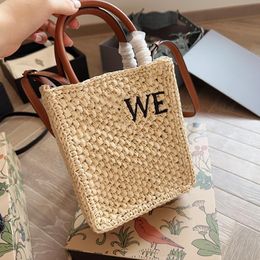 Hand Woven Bag Summer Straw Bag Basket Mini Tote Bags Vertical Beach Bags Crossbody Shoulder Bags Shopping Bags Handbag Designer Purse Leather Beach Totes Long Strap