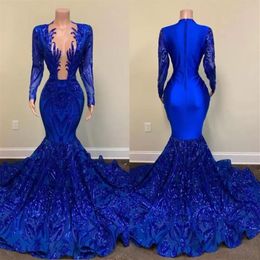 2022 Royal Blue Mermaid Prom Dresses Sparkly Lace Sequins Long Sleeves Black Girls African Celebrity Evening Gown B0408205R