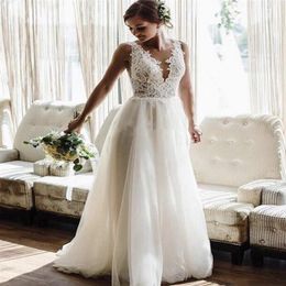 2022 Beach Wedding Dresses Bridal Gowns Lace Applique Bohemian Sheer V-Neck Backless Floor Length Custom Made Chic Tulle Plus Size2516