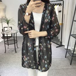 Women Chiffon Kimono Cardigan Floral Printed Long Sleeve Blouse Summer Beach Cover Up Long Tops Boho Loose Ladies