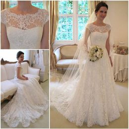 Vintage Lace Wedding Dresses Cap Sleeve Jewel Bridal Dress robe de mariage Simple Wedding Gowns vestidos de novia Covered Buttons2454