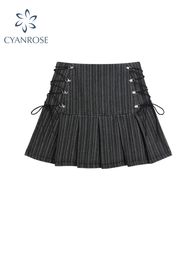 Skirts Y2k Pleated Skirt Women Sexy High Waist Grey Stripe Bandage Mini Summer A Line Vintage Harajuku Streetwar 230720