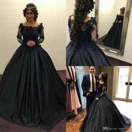 Elegante Incrível Vestido de Baile Preto Vestidos de Noiva Scoop Manga Longa Vestidos de Noiva Robe De Mariee Applique Boho Country Wedding Dresse234z