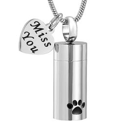 Pendant Necklaces Pet Cylinder Cremation Urn With Miss You Heart Charm Memorial Urns Nceklace For Dog Cat Keepsake Jew182a