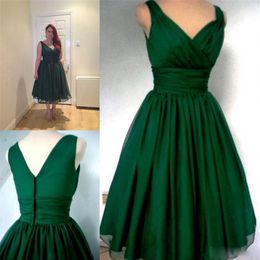 Emerald Green 1950s Cocktail Party Dress Vintage Tea Length Plus Size Chiffon Elegant Ruched V-neck Straps Real Po Short Prom G169S