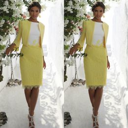 yellow mother of the bride dresses with jacket knee length lace appliqued mother wedding guest dress jewel neck evening gowns255q