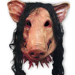 1PC Halloween Mask Scary Cosplay Costume Latex Holiday Supplies Novelty Halloween Mask Saw Pig Head Scary Masks With Hair254G