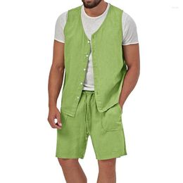 Men's Tracksuits Summer Cotton Linen Suit Casual Office Sleeveless Cardigan Vest Shorts Two-piece Set So Cool Street Holiday Male