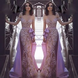 Lavender Mermaid Overskirts 2018 Prom Dresses Off Shoulder Lace Appliqued Beads Evening Gowns Saudi Celebrity Party Dress robe de 151M