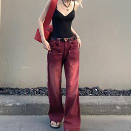 Women s Jeans Boyfriend Style Streetwear Baggy Women Denim Trousers High Waist Y2k Vintage Washed Distressed Wide Leg Mopping Red Pants 230720