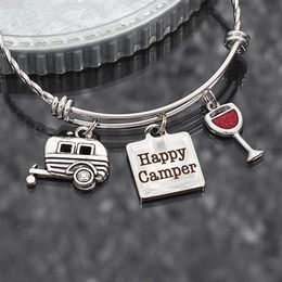 8pcs lot Happy Camper Bracelet camping gift RV travel trailer charm Stainless Steel adjustable bangle glamping Jewellery gift335c