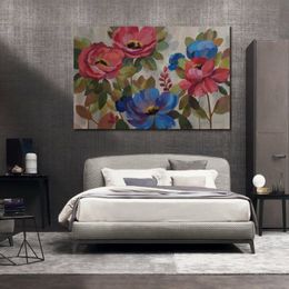 Modern Landscape Canvas Wall Art Coral and Blue Flowers Silvia Vassileva Paintings Handmade High Quality