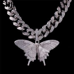 Iced Out Animal Big Butterfly Pendant Necklace Silver Blue Plated Mens Hip Hop Bling Jewellery Gift Whole205C