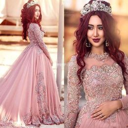 2021 Muslim Blush Quinceanera Dresses Ball Gown Shiny Sequins Lace Applique Long Sleeves Prom Evening Dress Vestido de festa2513