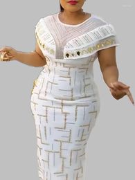 プラスサイズのドレス女性ボディーコンパーティードレスo首の光沢のあるアフリカのエレガントな贅沢なリネストンパッチワーク大きなレディースガウン夏