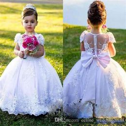 Country Flower Girl Dresses Ball Gown Jewel Cap Sleeve Floor Length Girls Pageant Dresses With Lace Applique Bow For Wedding Party268i