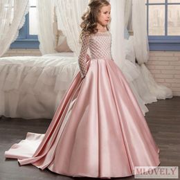 Ball Gown Long Lace Sleeved Kids Flower Girl Pageant Dress with for Girls Aged 5-11 Years252h