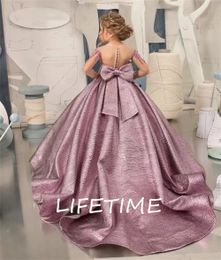 Flower Girl Dress for Wedding Purple Off the Shoulder Long Sleeve Beading Princess Ball Gown Train Birthday Party Dress