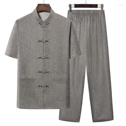 Men's Tracksuits Chinese Style Tang Suit Sets Short Sleeve Long Pants Tradition Cotton Linen Satin Silk Wu Shu Tai Chi Set