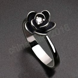 Creative 925 silver plated Black Rose Flower Zircon Ring For Women Fashion Flower Rings Party Jewellery Gift