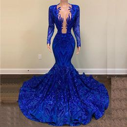 Royal Blue Sequine Mermaid Evening Dresses Sheer Neck Full Sleeve Sexy African Prom Party Gowns 20222553