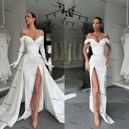 Modest Mermaid Wedding Dresses With Detachable Skirt Off The Shoulder crepe Satin beach Wedding Dress vestido de noiva2860