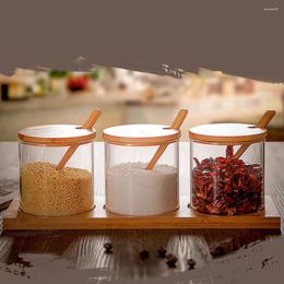 Dinnerware Sets 3pcs Jar With Spoon Set Lid Seasoning Condiment Salt Pepper Dispenser Tray For Home Kitchen