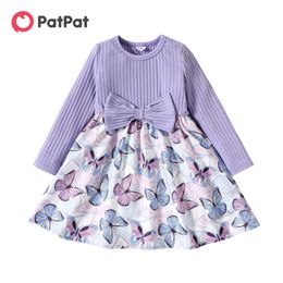 PatPat Toddler Girl Ribbed Bowknot Design Butterfly Print Splice Long-sleeve Dress