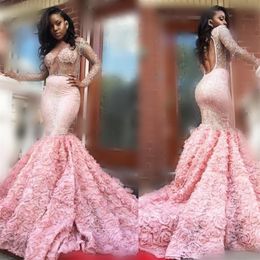 Gorgeous 2k17 Pink Long Sleeve Prom Dresses Sexy See Through Long Sleeves Open Back Mermaid Evening Gowns South African Formal Par227w