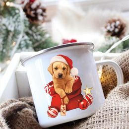 Mugs Santa Hat Dog Print Enamel Coffee Cups Christmas Party Mug Dessert Cocoa Chocolate Handle Cup Xmas Gifts For Lovers