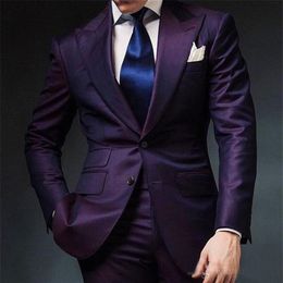 Purple Mens Wedding Suits 2023 Two Piece Peaked Lapel Two Button Custom Made Groomsmen Suit Business Suit Wear Jacket Pants269b