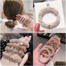Pony Tails Holder Fashion Women Crystal Hair Ties Pearl Elastic Hairband Girls Scrunchies Rubber Band Accessories Headwear Ornament Dhdw5