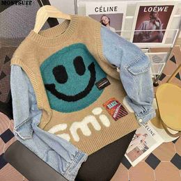 Smiling Face Loose Sweater Tops Women Denim Sleeve Round Neck Pullover Jumpers Winter Fashion Streetwear Stylish Chic Knitwear L230619