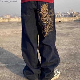 Men's Pants Y2K men's loose jeans women's American retro skateboard bag Denim pants street clothes dragon embroidery Trojan Horse Z230721