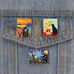 Cats in Oil Painting Enamel Pin Custom Funny Black Kitten Sunflower Brooch Lapel Badge Animal Jewelry Gift for Kids Friends