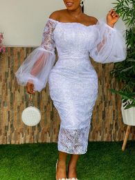 Casual Dresses Elegant Women Off Shoulder Lace Dress Puffy Tulle Long Sleeve Backless White Midi Big Size 3XL 4XL Party Wedding Outfits