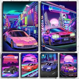 Canvas Painting Car Racing Neon Wall Art Home Japan Street Landscape Decor Wall Kawaii House Boy's Room Decoration w06