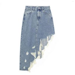 Skirts Women's 2023 Summer Street Fashion Personalised Diagonal Edge Irregular Hole Wash Blue Denim Skirt