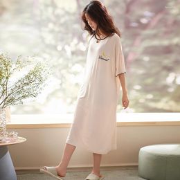 Women's Sleepwear Women Nightgowns Summer Soft Modal Cartoon Lovely Korean Oversize Homewear Simple White Short Sleeve Female Mid-Calf