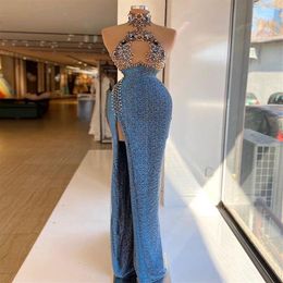 Luxurious Sexy Beading Evening Dresses High Neck Crystals Prom Dress Side Split Formal Party Gowns Pageant Wear Custom Made Vestid2791