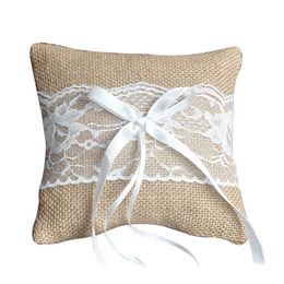 Wedding Ring Pillow Cushion Vintage Burlap Lace Decoration For Bridal Party Ceremony Pocket MYDING329f
