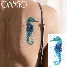 OMMGO Watercolor Seahorse Temporary Tattoos Stickers For Children Hippocampus Tattoo Undersea Sea Fake Tatoos Body Art Arm Women