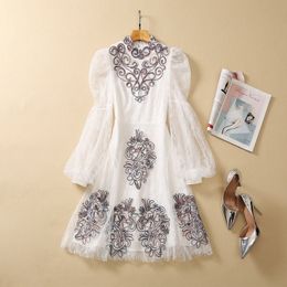 2023 Summer White Contrast Colour Panelled Tulle Dress Long Sleeve Round Neck Knee-Length Casual Dresses S3Q210720 Plus Size XXL